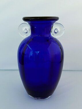 Vintage Vase Cobalt Blue Glass Scroll Handles